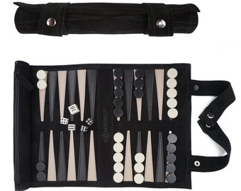 SONDERGUT Reisebackgammon Echtleder (Farbe: Black)