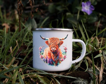 Highland Cow Mug, Camping Mug, Rainbow Highland Cow, Flower, Mug, Love Farming Mug, Coffee Mug