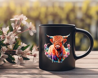 Highland Cow Mug, Rainbow Highland Cow, Flower, Mug, Love Farming Mug, Coffee Mug