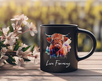 Highland Cow Mug, Rainbow Highland Cow, Flower, Mug, Love Farming Mug, Coffee Mug