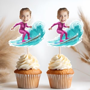 Surfer Face Cupcake Toppers, Beach Party Decor, Surf Theme Printable Cake Toppers, Custom Surfing Cupcake Decorations, Summer Party Decor