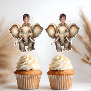 Safari Elephant Custom Cupcake Toppers, Printable Jungle Party Decor, Wild One Birthday, Animal Theme, Personalized Cake Toppers