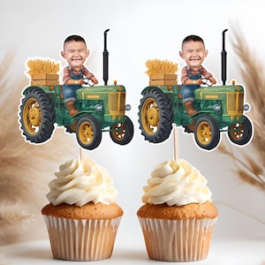 Farmer Face Cupcake Toppers Personalized , Farm Birthday Party Decor, Barnyard Theme, Rustic Country Party, Kids Birthday