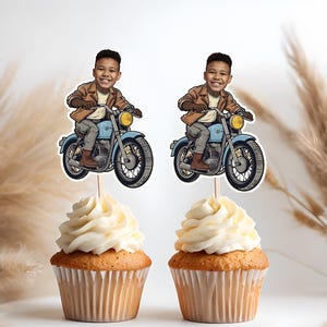 Motorcycle Face Cupcake Toppers, Custom Printable Biker Party Decor, Personalized Motorcycle Birthday Theme, Custom Biker Photo Toppers