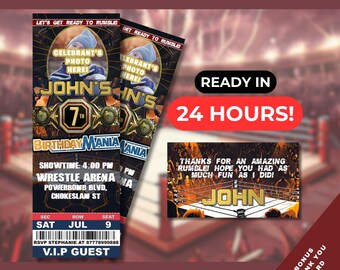 Pode incluir: Convite de aniversário imprimível com tema de luta livre com design de bilhete. O convite apresenta um espaço reservado para uma foto, o texto "John's 7th Birthday Mania" e as palavras "Let's Get Ready to Rumble!" e "Ready in 24 Hours!"
