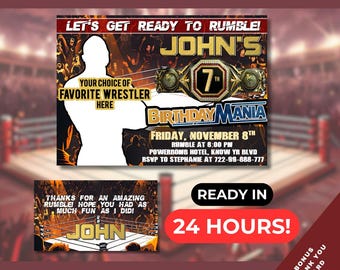 Pode incluir: Um convite de aniversário com tema de luta livre com uma silhueta de lutador personalizável, o texto "John's 7th Birthday Mania" e detalhes para uma festa com tema de luta livre. O convite está pronto em 24 horas.