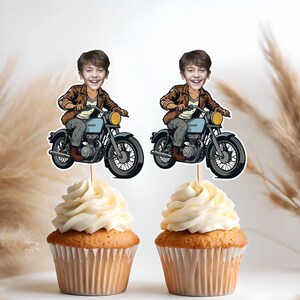 Motorcycle Face Cupcake Toppers, Custom Printable Biker Party Decor, Personalized Motorcycle Birthday Theme, Custom Biker Photo Toppers