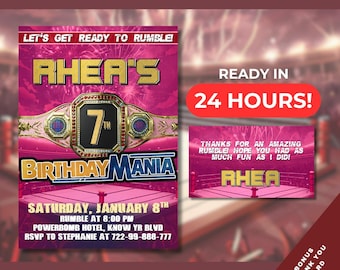Pode incluir: Um convite imprimível feito sob medida com um tema de luta livre. O convite apresenta um cinturão de campeonato, o texto "Rhea's 7th Birthday Mania" e detalhes do evento. Um cartão de agradecimento bônus está incluído. O convite está pronto em 24 horas.