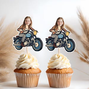 Motorcycle Face Cupcake Toppers, Custom Printable Biker Party Decor, Personalized Motorcycle Birthday Theme, Custom Biker Photo Toppers