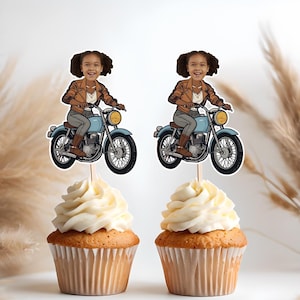 Motorcycle Face Cupcake Toppers, Custom Printable Biker Party Decor, Personalized Motorcycle Birthday Theme, Custom Biker Photo Toppers