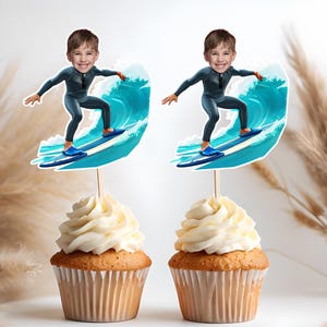 Surfer Face Cupcake Toppers, Beach Party Decor, Surf Theme Printable Cake Toppers, Custom Surfing Cupcake Decorations, Summer Party Decor