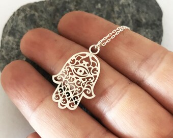 Hamsa Hand of Fatima Sterling Silver Necklace - Handmade
