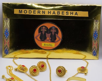 Ethiopian Gold Plated Jewelry Set: Habesha Wedding Accessories • Red