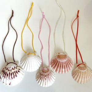 Peut inclure: Cinq colliers coquillages avec des cordons de différentes couleurs. Les coquillages sont blancs et roses, avec des cordons marron, jaune, rose, blanc et rouge. Les coquillages sont attachés aux cordons par un nœud.