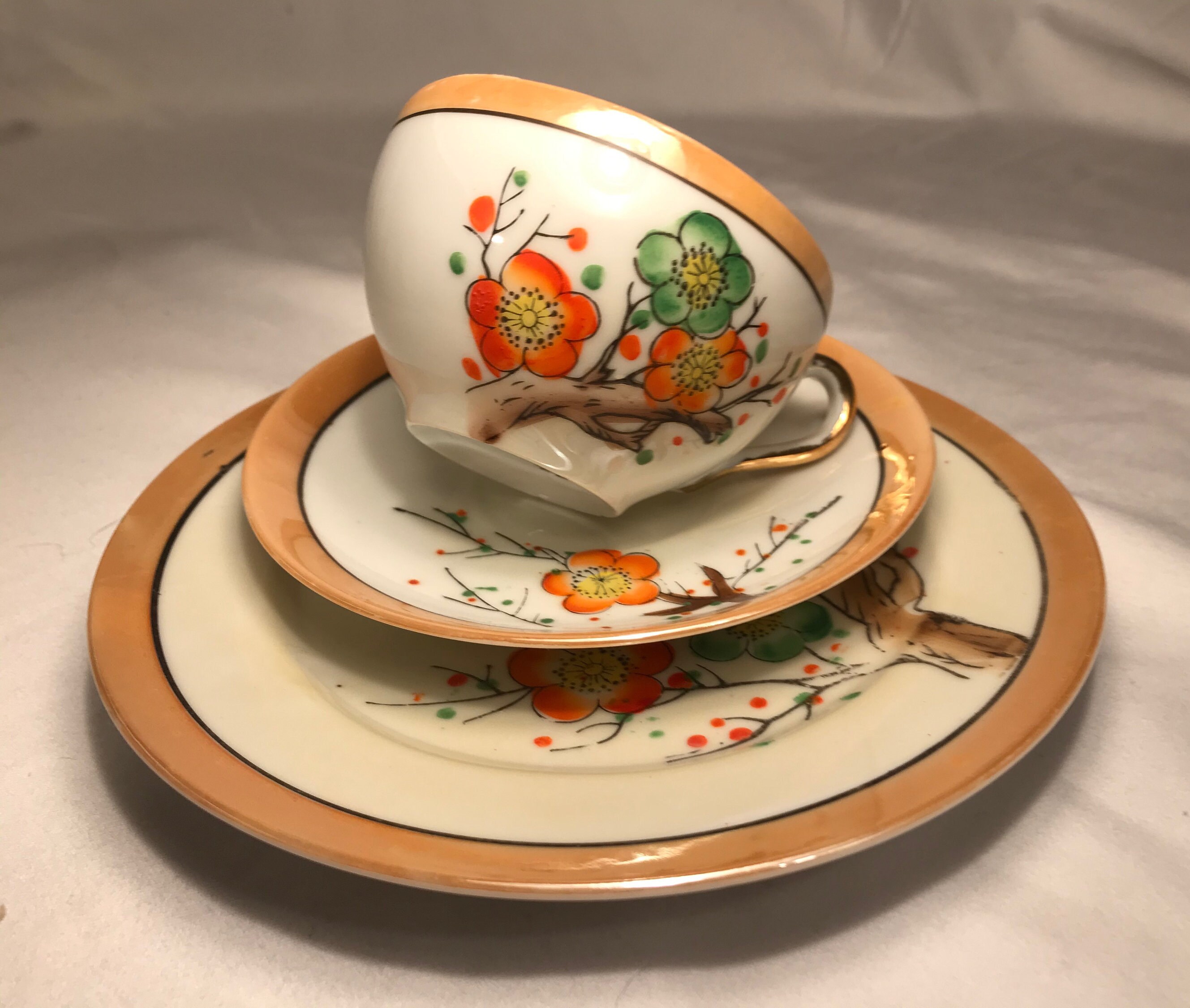 Japanese Lusterware Tea Set Handpainted Orange and Green Etsy