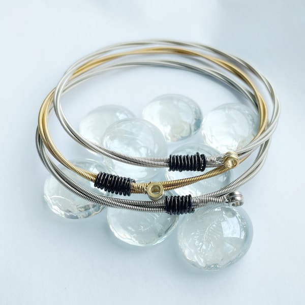 Set of 3 Stackable Unisex Bangle Bracelets - Gold, Silver & Recycled Guitar Strings - Unique Music Jewelry