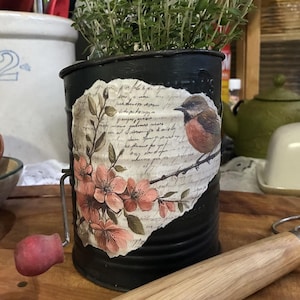 May include: A black metal container with a red handle, decorated with a floral and bird design. The container holds green herbs. A rolling pin rests on the wooden surface in front of the container.