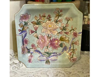 Assiette décorative florale vintage Andrea by Sadek, décoration murale bleu cottagecore