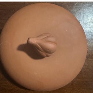 May include: A round, terracotta-colored ceramic lid with a bulbous handle. The lid is smooth and appears to be handmade. The handle has a textured, organic shape. This item is likely a kitchenware product.