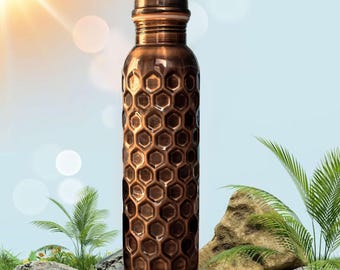 Copper Bottle - Ayurveda 99% Pure Copper Diamond/ Hammered Bottle With Jug & Tumbler Glass - Water Bottle - 950 ml, Gift