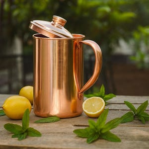 100% Pure Copper Plain Jug for Drinking Water, High Quality Copper Pitcher, Handmade Copper Water Jug With Lid, Ayurveda Yoga Healthy