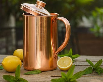100% Pure Copper Plain Jug for Drinking Water, High Quality Copper Pitcher, Handmade Copper Water Jug With Lid, Ayurveda Yoga Healthy