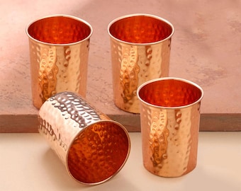 100% Pure Copper Hammered Tumbler Cup Glass, Handmade Premium Copper Mug Set, Ayurveda Benefits Luxury Drinkware, Detox - Travel Friendly