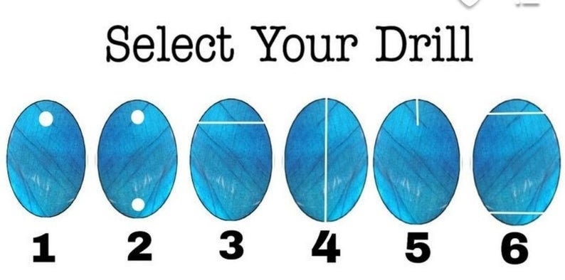 K&ouml;nnte beinhalten: W&auml;hlen Sie Ihren Bohrer aus sechs Optionen, die von 1 bis 6 nummeriert sind. Jede Option zeigt ein blaues Oval mit einer wei&szlig;en Linie oder einem Punkt, der die Position des Bohrers anzeigt.