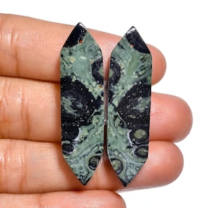 Star Galaxy Jasper Cabochon Gemstone, Kambaba Jasper Loose Stone ,Matching Pair Of Earring, Top Drilled, Green Stromatolite- Size 42x10x5mm
