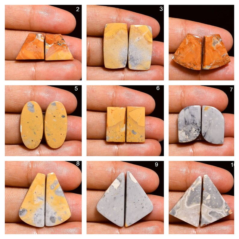 May include: Set of 10 pairs of cabochon gemstone earrings. The earrings are in various shapes and sizes, including oval, rectangle, and triangle. The gemstones are a mix of yellow, orange, and grey colours with a speckled pattern.