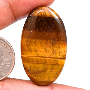 May include: A smooth, oval-shaped tiger's eye gemstone with a golden brown color and a chatoyant effect. The stone has a polished finish and is approximately 1 inch in length.