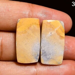 May include: Two rectangular yellow and grey gemstone cabochons with a mottled pattern.