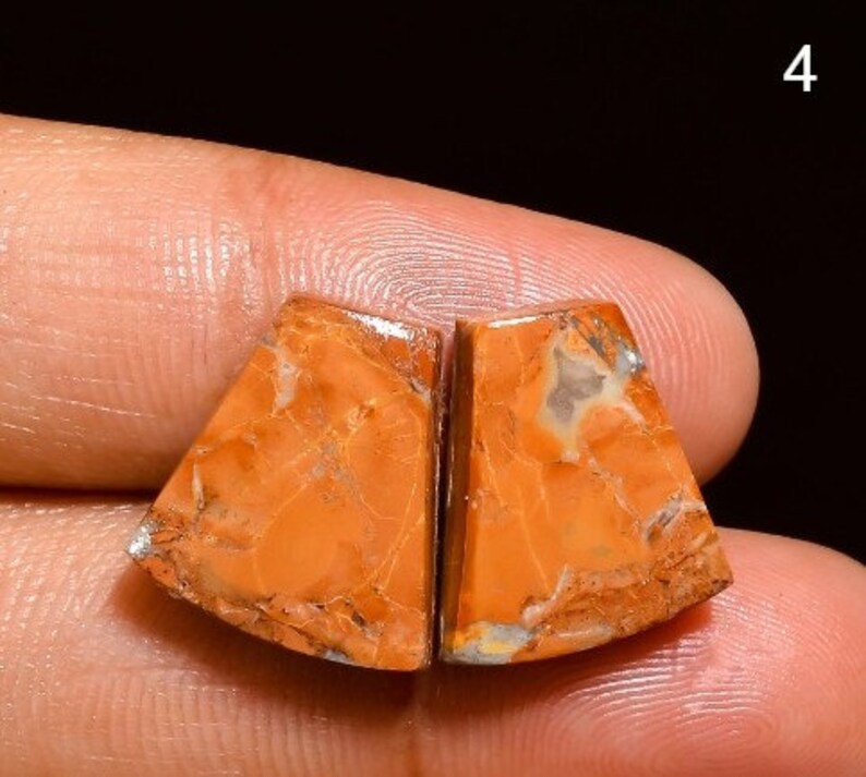 May include: Two pieces of orange and brown agate cabochons with a marbled pattern. The cabochons are cut in a half-round shape.