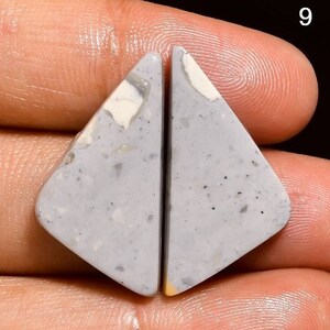 May include: Two triangular pieces of grey and white patterned stone, with a light yellow edge, are held in a hand. The stone has a speckled appearance.