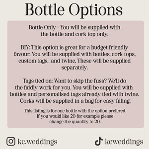 May include: A text-based image listing different options for purchasing bottles for a DIY project. The options include purchasing just the bottle, purchasing the bottle with cork tops, custom tags, and twine, or purchasing the bottle with tags already tied on. The image also includes the social media handles @kc.weddings and @kcweddings.