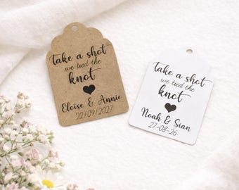 We Tied The Knot Personalised Wedding Favour Tags Take a Shot Wedding Tags For Miniature Alcohol Bottles