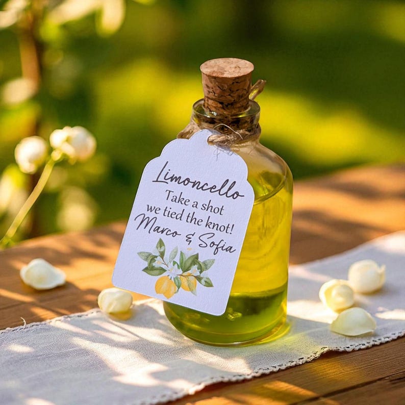 Limoncello Shot Wedding Favours - 50ml Empty Glass Bottles For Wedding Guests - Small Wedding Bottles Personalised Shot Bottle DIY Favour image 1