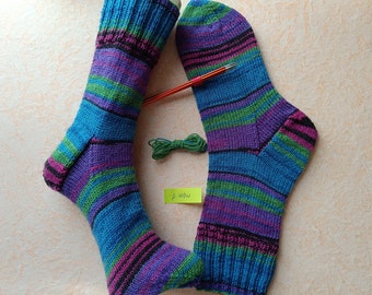 Wollsocken handgestrickte Socken Gr 40/41, bunt, lila-grün-türkis
