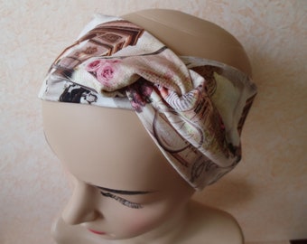 Hairband, headband, bandeau, knot ribbon, turban band, KU 53-56 cm, with Paris motifs, jersey