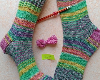 Wool socks hand-knitted socks size 38/39, colorful, pink-green-colorful