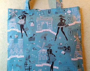 Bag, fabric bag, shopping bag, shopper, with Paris motifs, silver shine, fabric bag,