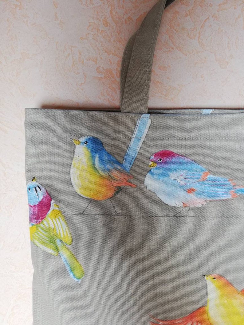 Einkaufstasche, Shopper, mit bunten Vögeln, Stofftasche, Stoffbeutel Bild 4