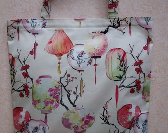 Beutel, Stofftasche, Einkaufstasche, mit chinesischen Lampions, Stoffbeutel, Chintz Stoff in edlem Glanz