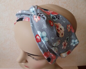 Hairband, headband, bandeau, knot band, turban band, KU 53-56 cm, butterflies + birds, jersey