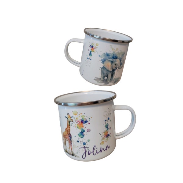 Kinder Emaille Tasse - Becher, individuell mit 2 Wunschmotiven und Name personalisiert