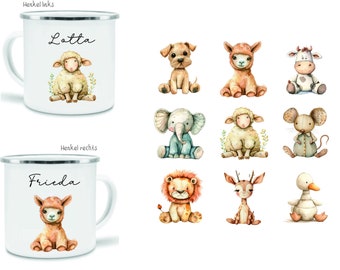 Personalisierte Kindertasse mit Namen Emaille Tasse Kinder Geschenk Tiere