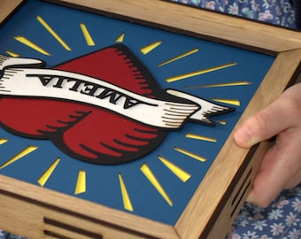 Personalized Papercut Heart Art in Oak Frame: Tattoo Style Gift