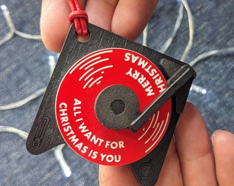Mini Vinyl Record Player Christmas Decoration with spinning disc displaying your favourite festive song