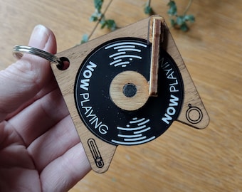 Mini record player fidget spinner keyring with Now Playing spinning record