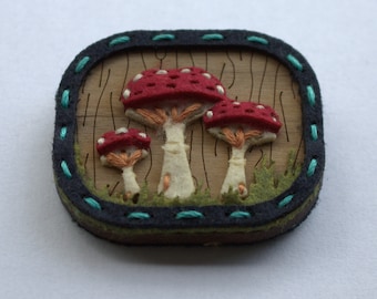 Hand stitched Wood and Felt Mushroom Brooch